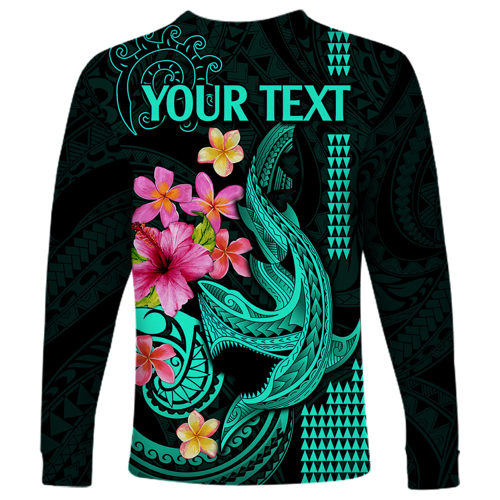 Custom Polynesian Long Sleeve Shirt Hawaiian Warriors with Tribal Shark Tattoos - Turquoise - Wonder Print Shop