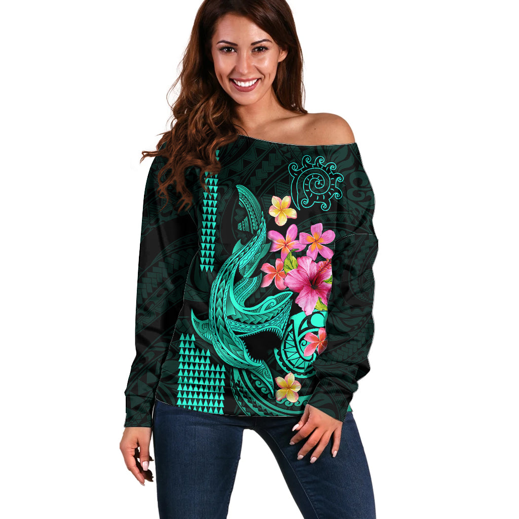 Custom Polynesian Off Shoulder Sweater Hawaiian Warriors with Tribal Shark Tattoos - Turquoise - Wonder Print Shop
