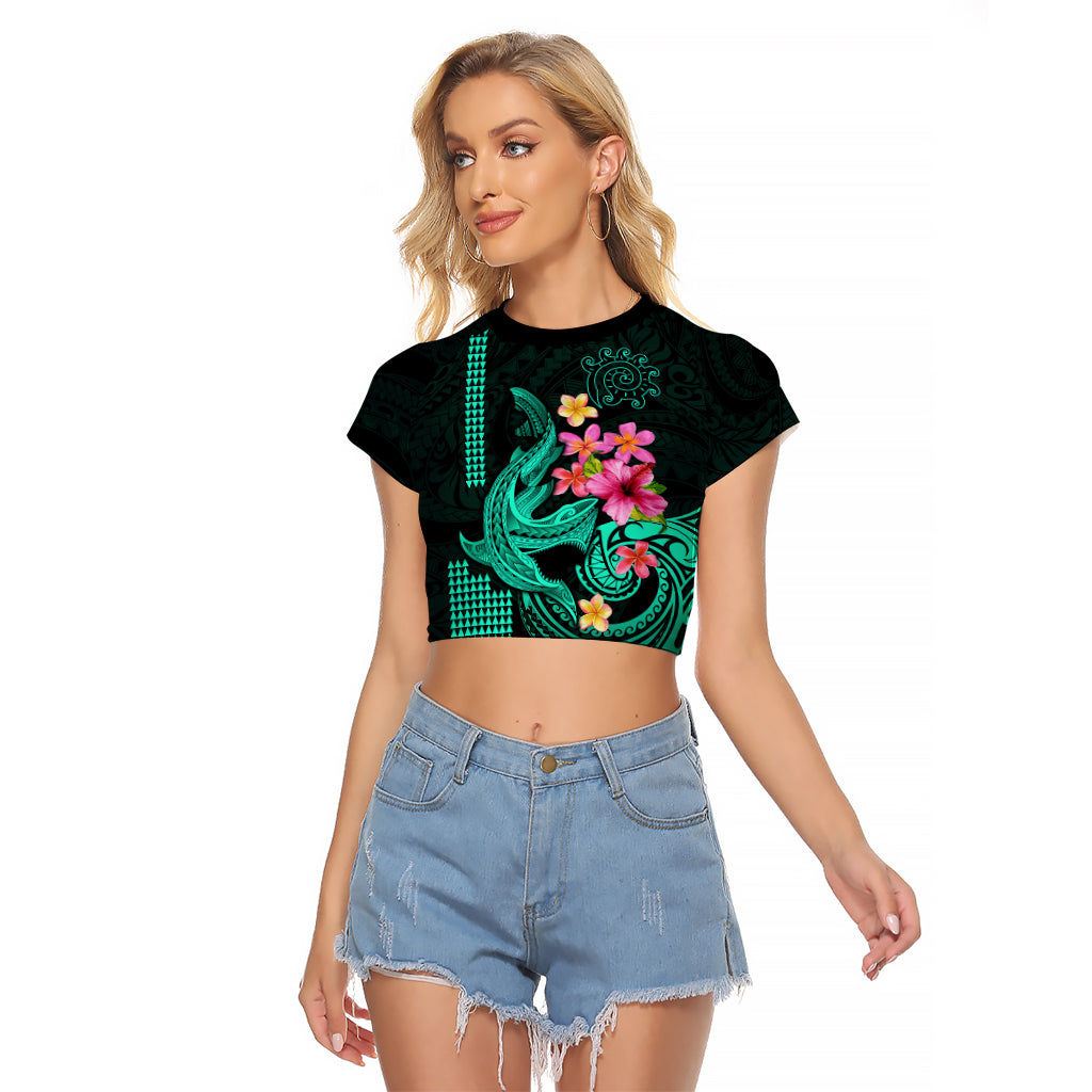 Custom Polynesian Raglan Cropped T Shirt Hawaiian Warriors with Tribal Shark Tattoos - Turquoise - Wonder Print Shop