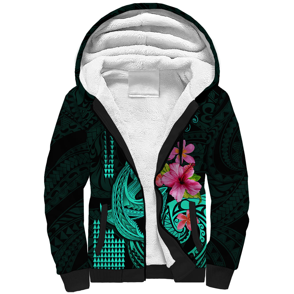 Custom Polynesian Sherpa Hoodie Hawaiian Warriors with Tribal Shark Tattoos - Turquoise - Wonder Print Shop