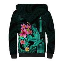 Custom Polynesian Sherpa Hoodie Hawaiian Warriors with Tribal Shark Tattoos - Turquoise - Wonder Print Shop