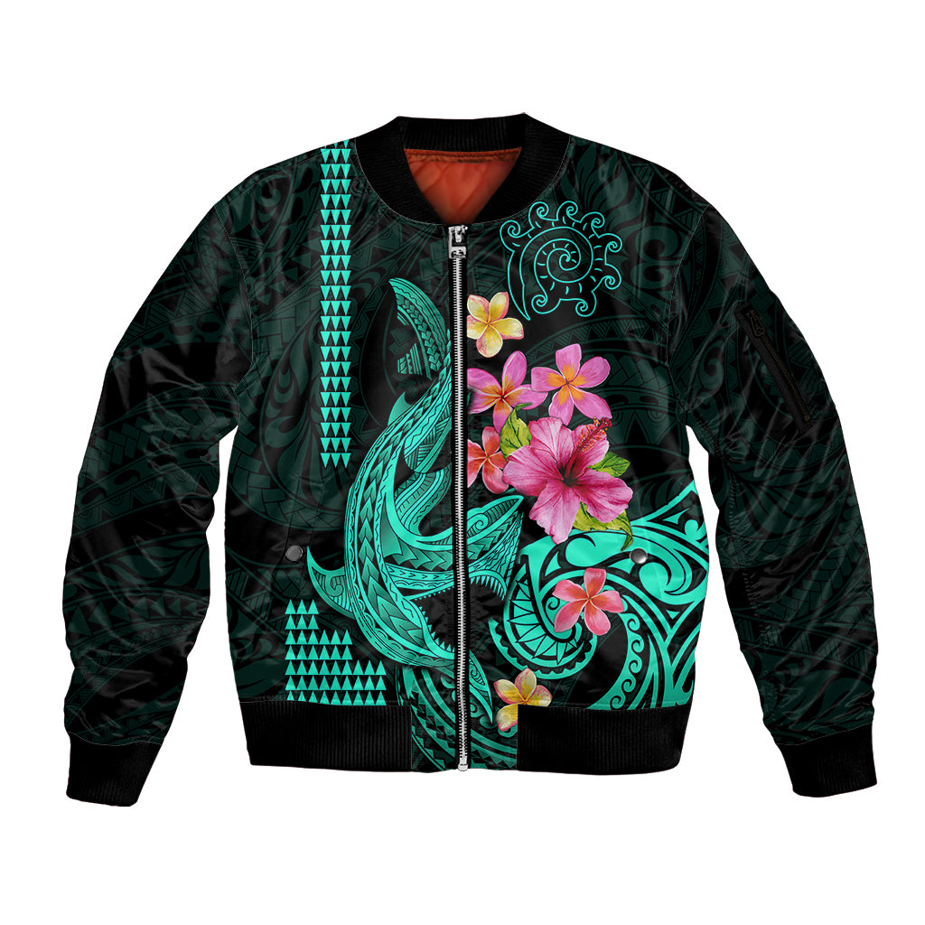 Custom Polynesian Sleeve Zip Bomber Jacket Hawaiian Warriors with Tribal Shark Tattoos - Turquoise - Wonder Print Shop