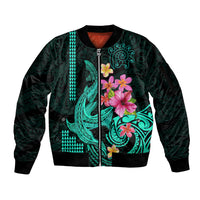 Custom Polynesian Sleeve Zip Bomber Jacket Hawaiian Warriors with Tribal Shark Tattoos - Turquoise - Wonder Print Shop