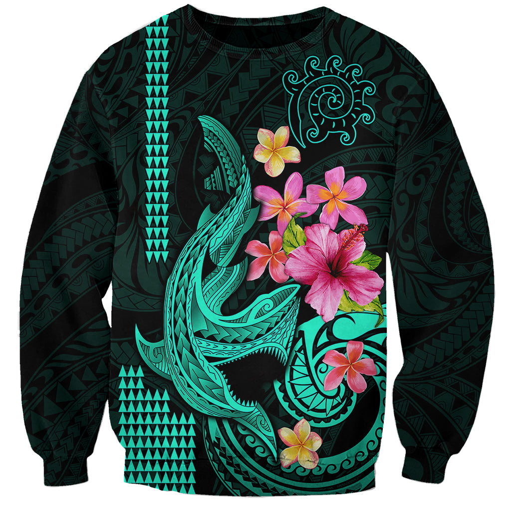 Custom Polynesian Sweatshirt Hawaiian Warriors with Tribal Shark Tattoos - Turquoise - Wonder Print Shop