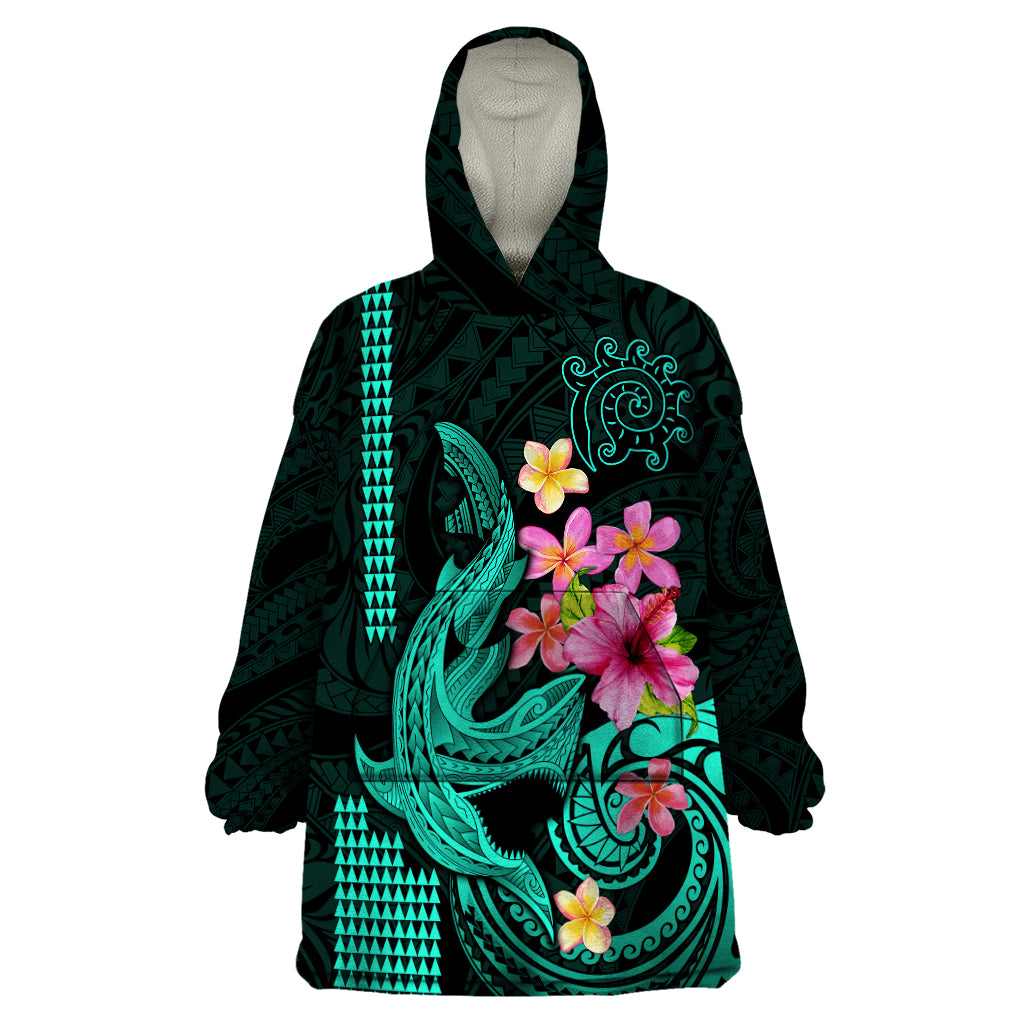 Custom Polynesian Wearable Blanket Hoodie Hawaiian Warriors with Tribal Shark Tattoos - Turquoise - Wonder Print Shop