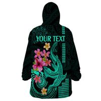 Custom Polynesian Wearable Blanket Hoodie Hawaiian Warriors with Tribal Shark Tattoos - Turquoise - Wonder Print Shop