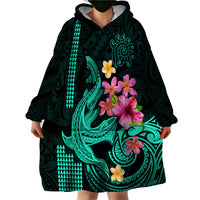 Custom Polynesian Wearable Blanket Hoodie Hawaiian Warriors with Tribal Shark Tattoos - Turquoise - Wonder Print Shop