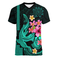Custom Polynesian Women V Neck T Shirt Hawaiian Warriors with Tribal Shark Tattoos - Turquoise - Wonder Print Shop