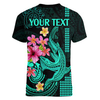 Custom Polynesian Women V Neck T Shirt Hawaiian Warriors with Tribal Shark Tattoos - Turquoise - Wonder Print Shop
