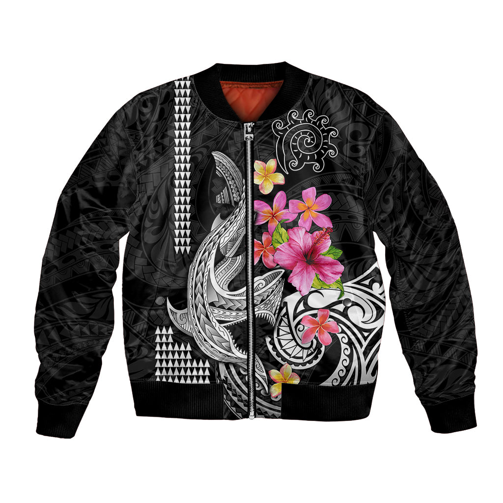 Custom Polynesian Bomber Jacket Hawaiian Warriors with Tribal Shark Tattoos - White LT9 - Wonder Print Shop