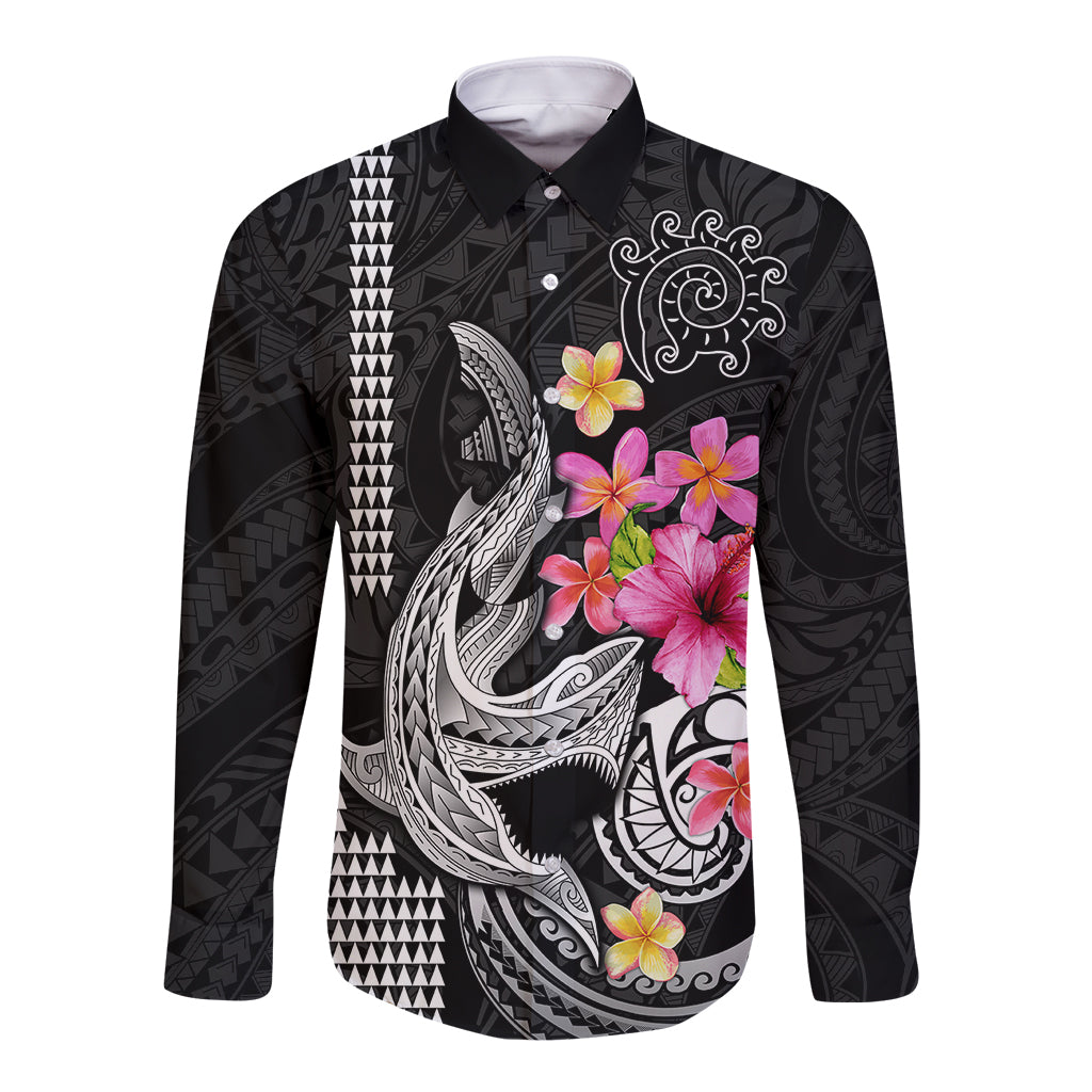 Custom Polynesian Long Sleeve Button Shirt Hawaiian Warriors with Tribal Shark Tattoos - White - Wonder Print Shop