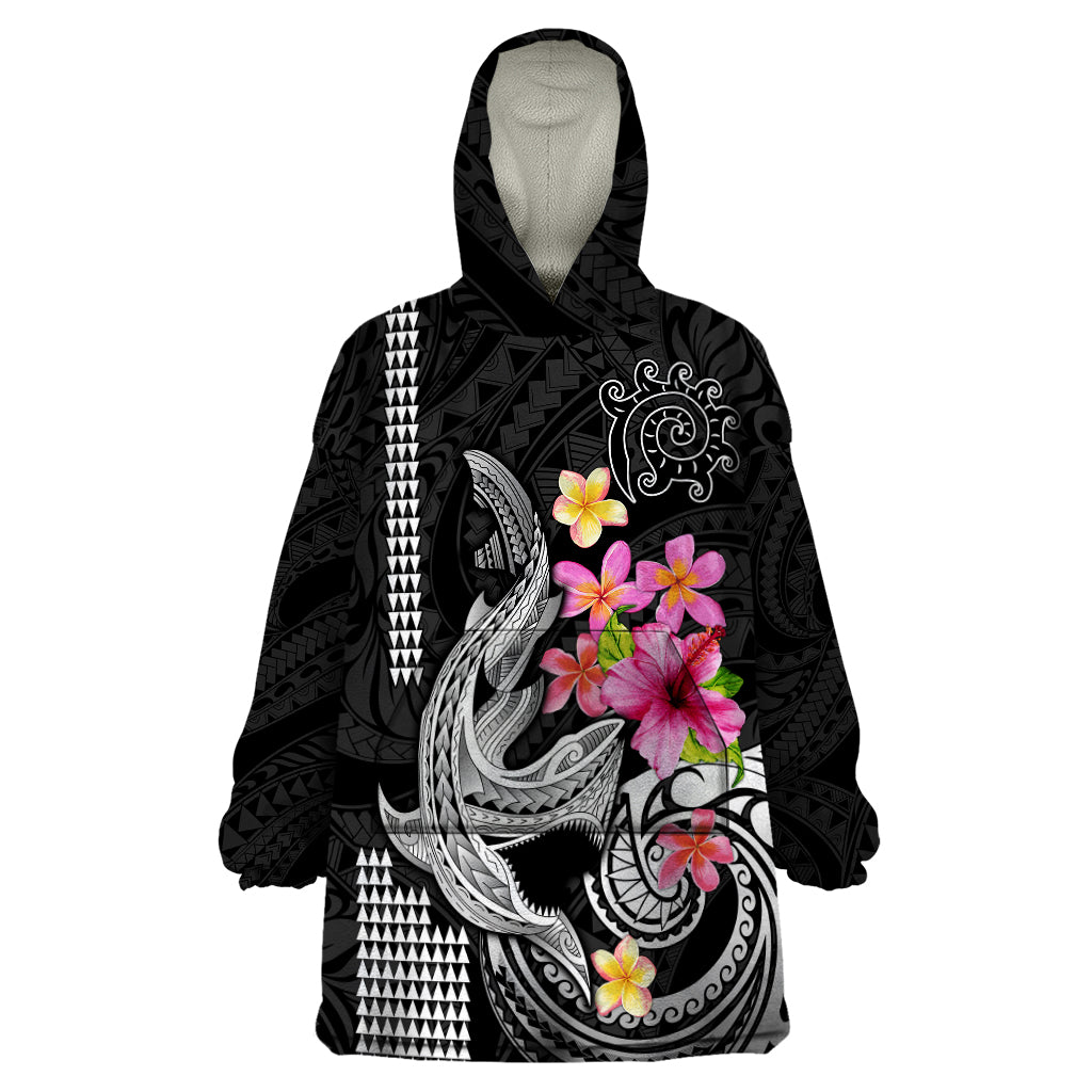 Custom Polynesian Wearable Blanket Hoodie Hawaiian Warriors with Tribal Shark Tattoos - White - Wonder Print Shop