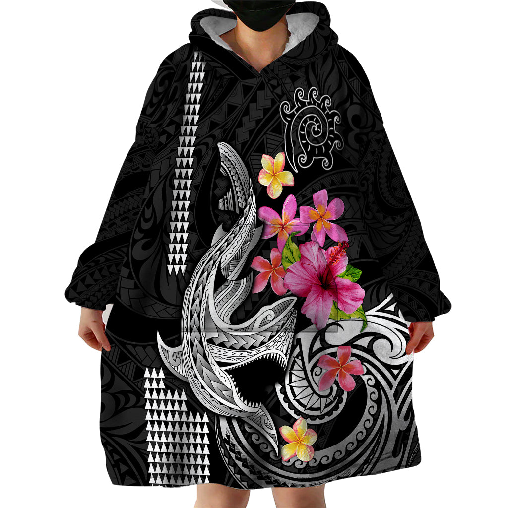 Custom Polynesian Wearable Blanket Hoodie Hawaiian Warriors with Tribal Shark Tattoos - White - Wonder Print Shop