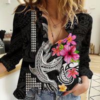 Custom Polynesian Women Casual Shirt Hawaiian Warriors with Tribal Shark Tattoos - White - Wonder Print Shop