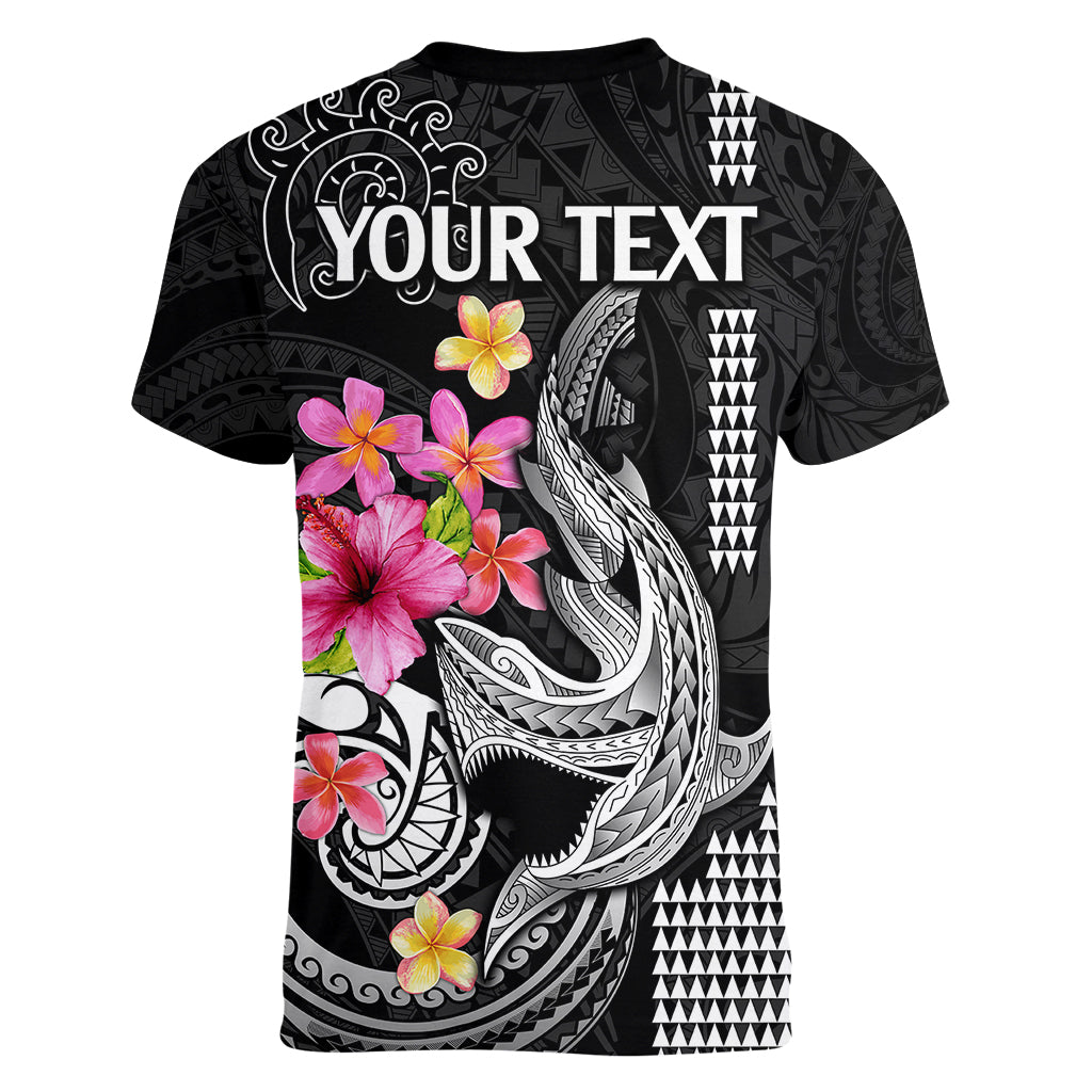 Custom Polynesian Women V Neck T Shirt Hawaiian Warriors with Tribal Shark Tattoos - White - Wonder Print Shop