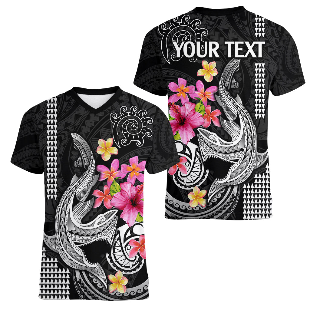Custom Polynesian Women V Neck T Shirt Hawaiian Warriors with Tribal Shark Tattoos - White - Wonder Print Shop