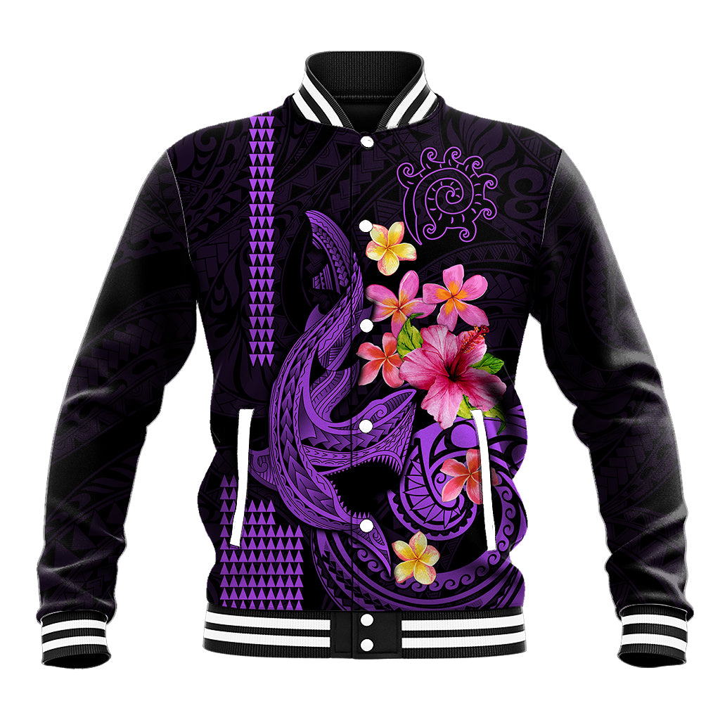 Custom Polynesian Baseball Jacket Hawaiian Warriors with Tribal Shark Tattoos - Purple LT9 - Wonder Print Shop