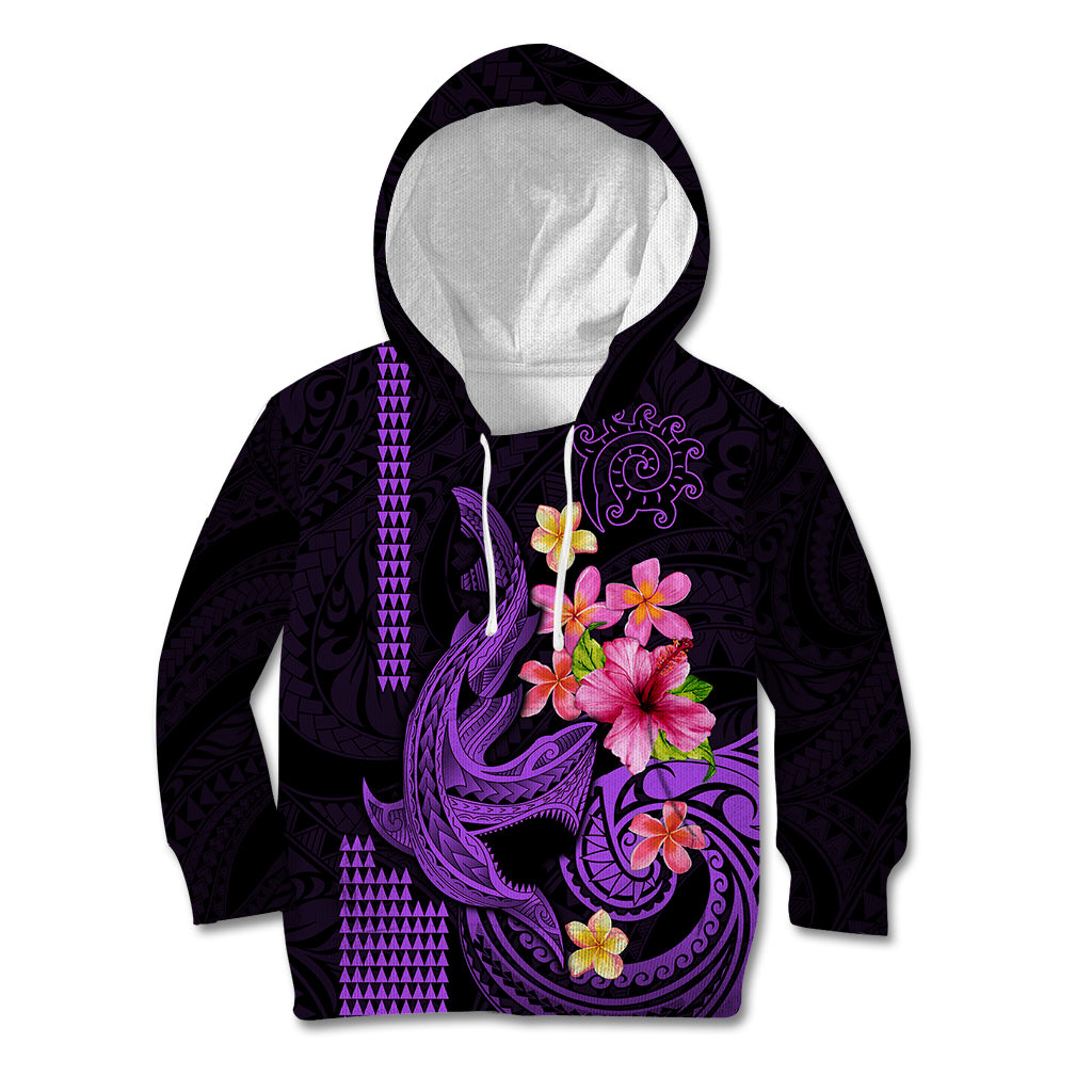 Custom Polynesian Kid Hoodie Hawaiian Warriors with Tribal Shark Tattoos - Purple - Wonder Print Shop