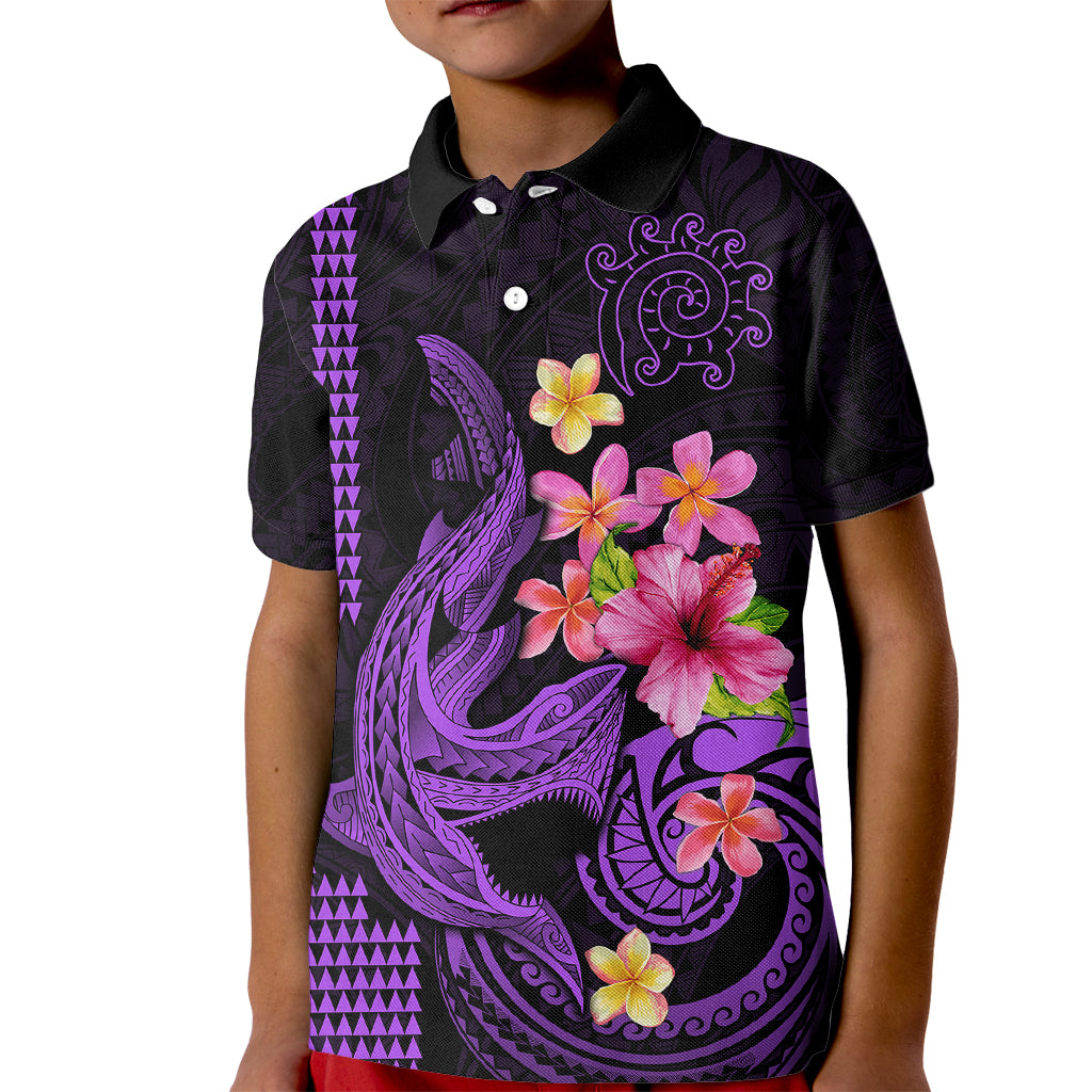 Custom Polynesian Kid Polo Shirt Hawaiian Warriors with Tribal Shark Tattoos - Purple - Wonder Print Shop