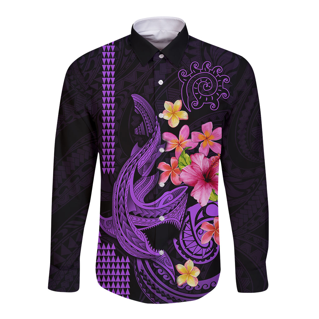 Custom Polynesian Long Sleeve Button Shirt Hawaiian Warriors with Tribal Shark Tattoos - Purple - Wonder Print Shop