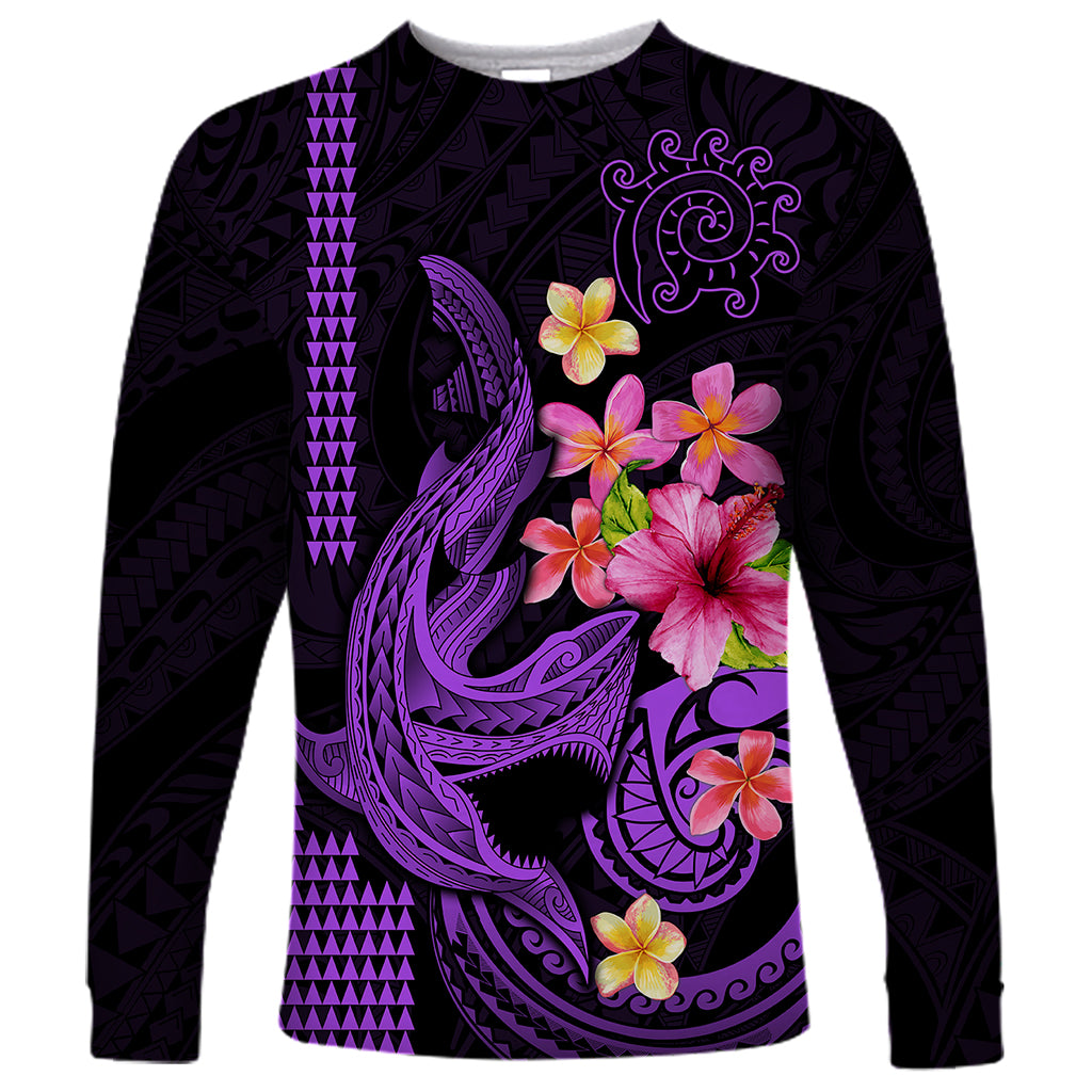 Custom Polynesian Long Sleeve Shirt Hawaiian Warriors with Tribal Shark Tattoos - Purple - Wonder Print Shop