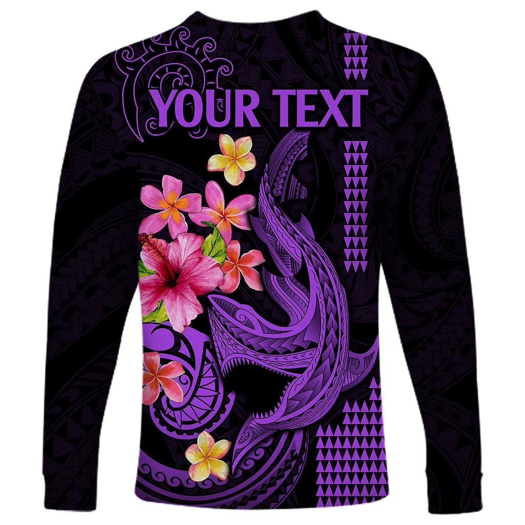 Custom Polynesian Long Sleeve Shirt Hawaiian Warriors with Tribal Shark Tattoos - Purple - Wonder Print Shop