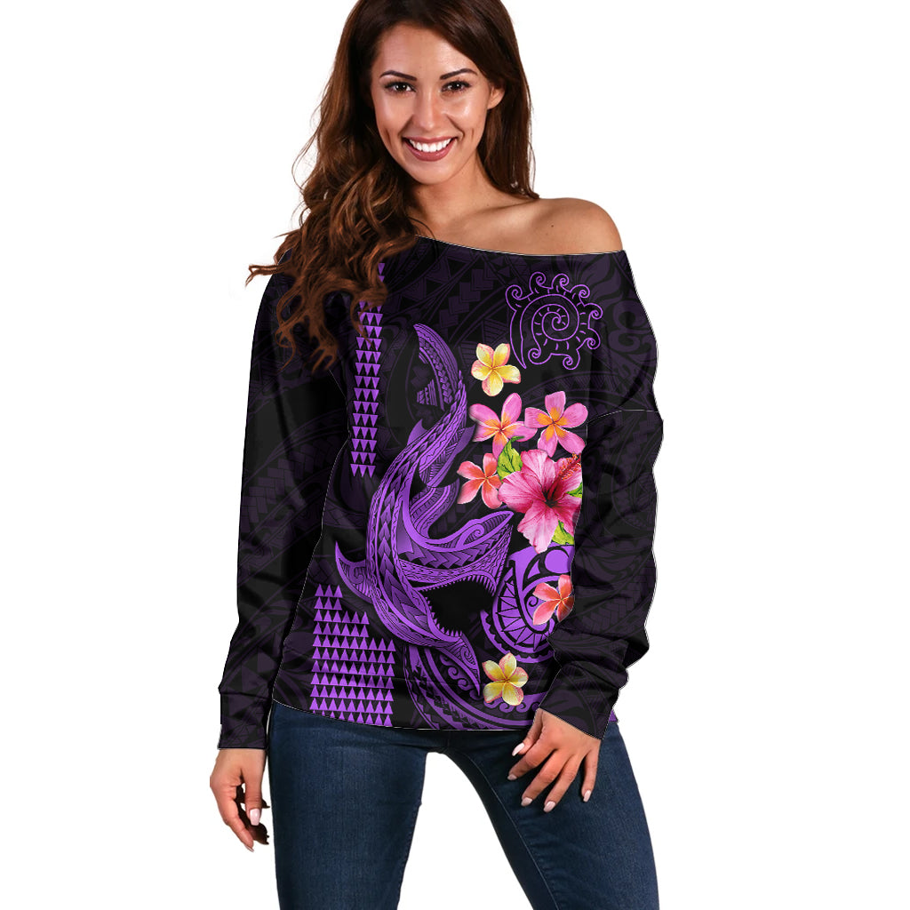 Custom Polynesian Off Shoulder Sweater Hawaiian Warriors with Tribal Shark Tattoos - Purple - Wonder Print Shop