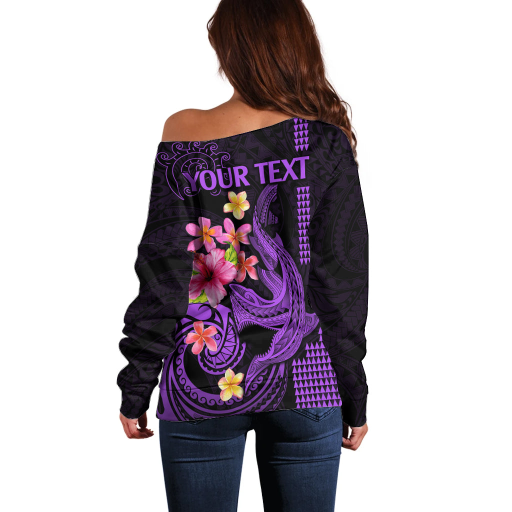 Custom Polynesian Off Shoulder Sweater Hawaiian Warriors with Tribal Shark Tattoos - Purple - Wonder Print Shop