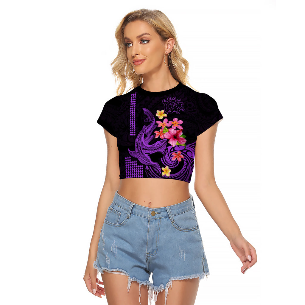 Custom Polynesian Raglan Cropped T Shirt Hawaiian Warriors with Tribal Shark Tattoos - Purple - Wonder Print Shop