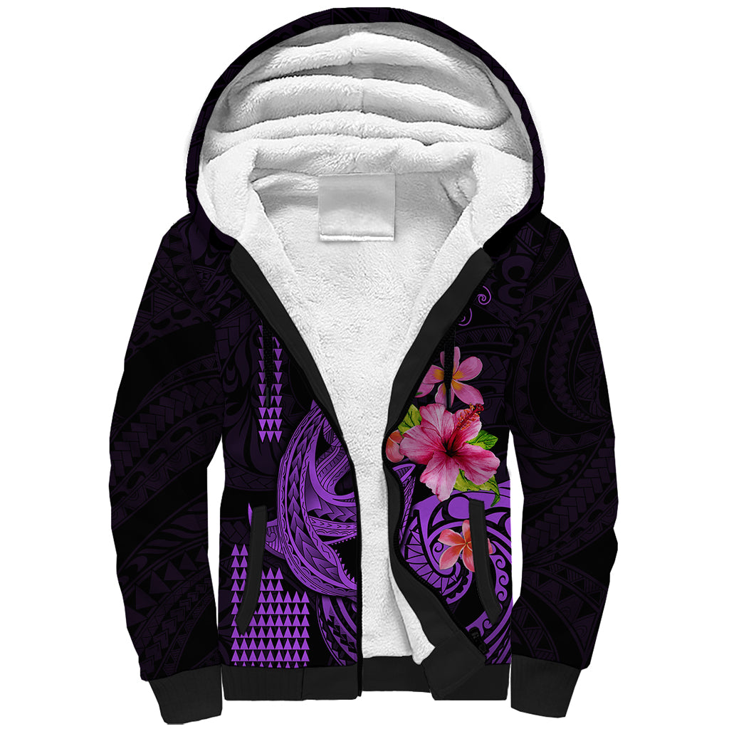 Custom Polynesian Sherpa Hoodie Hawaiian Warriors with Tribal Shark Tattoos - Purple - Wonder Print Shop