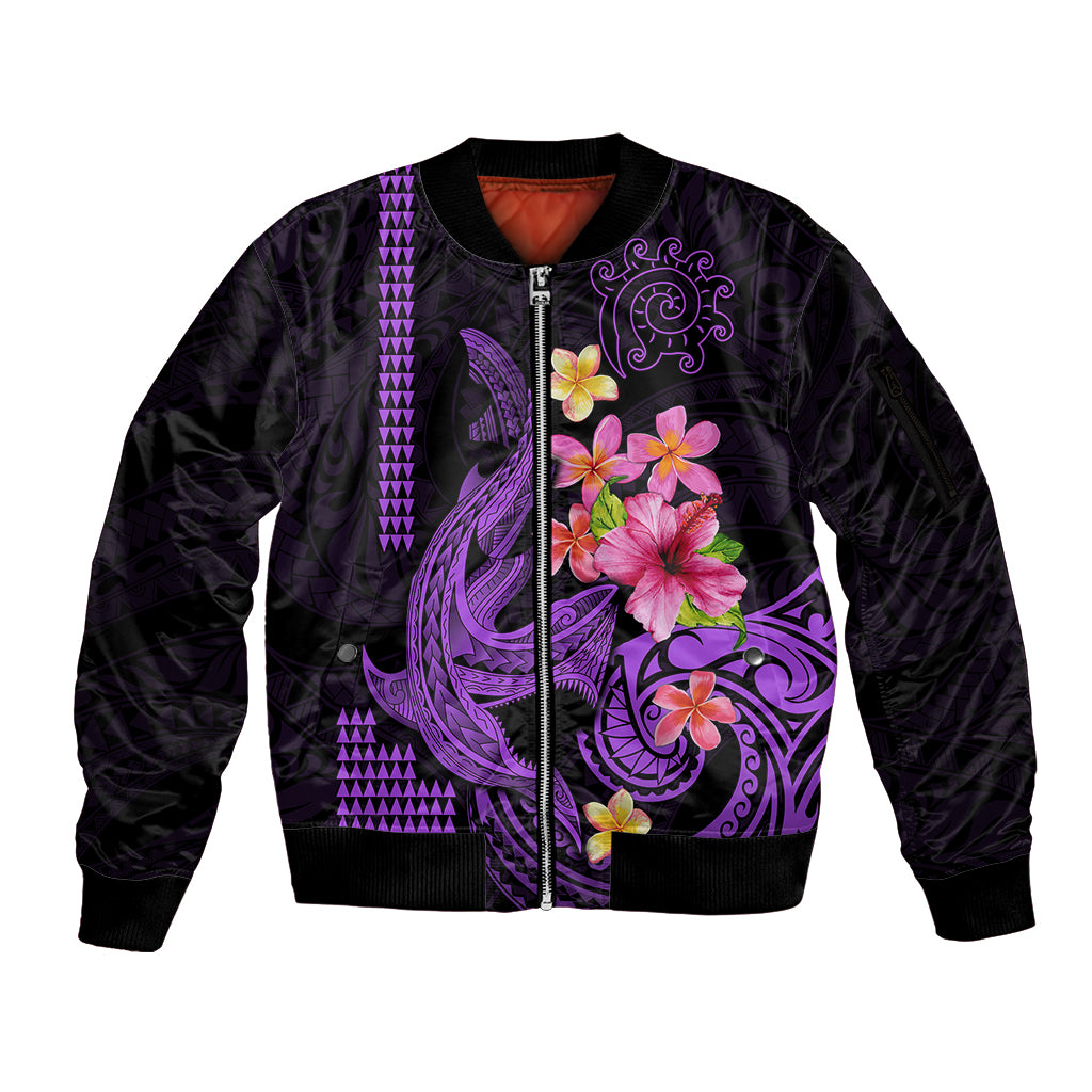Custom Polynesian Sleeve Zip Bomber Jacket Hawaiian Warriors with Tribal Shark Tattoos - Purple - Wonder Print Shop