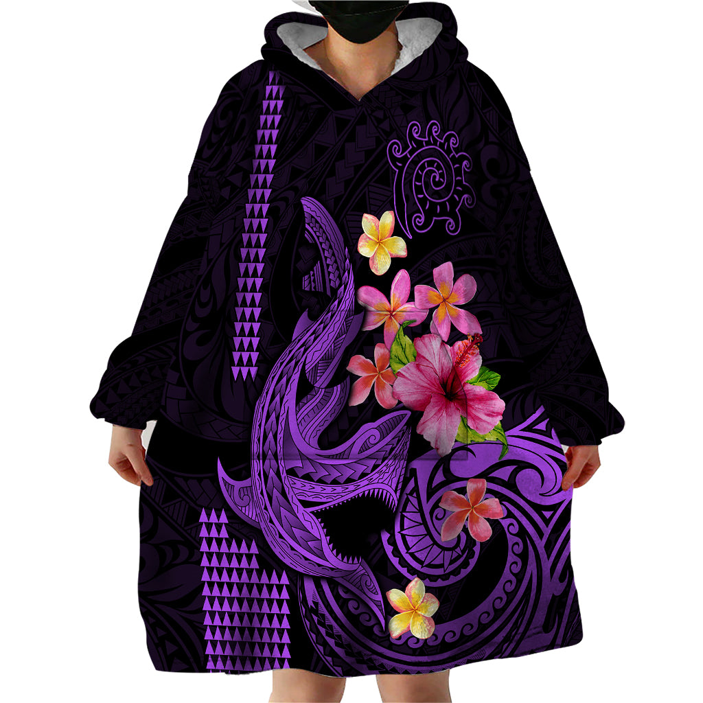 Custom Polynesian Wearable Blanket Hoodie Hawaiian Warriors with Tribal Shark Tattoos - Purple - Wonder Print Shop