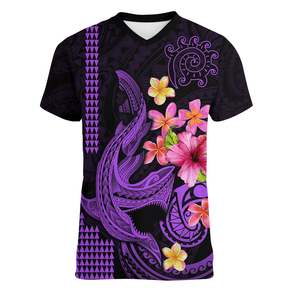 Custom Polynesian Women V Neck T Shirt Hawaiian Warriors with Tribal Shark Tattoos - Purple - Wonder Print Shop