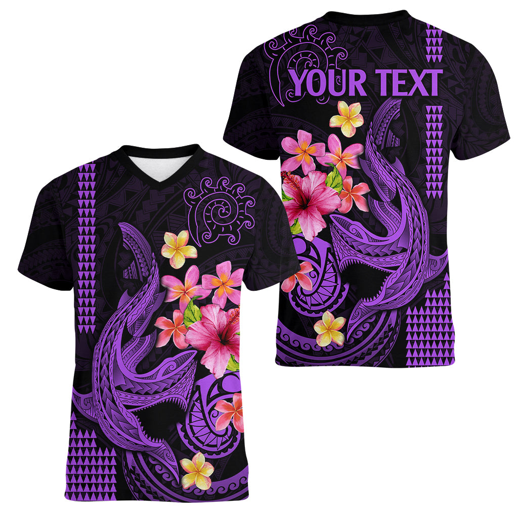 Custom Polynesian Women V Neck T Shirt Hawaiian Warriors with Tribal Shark Tattoos - Purple - Wonder Print Shop