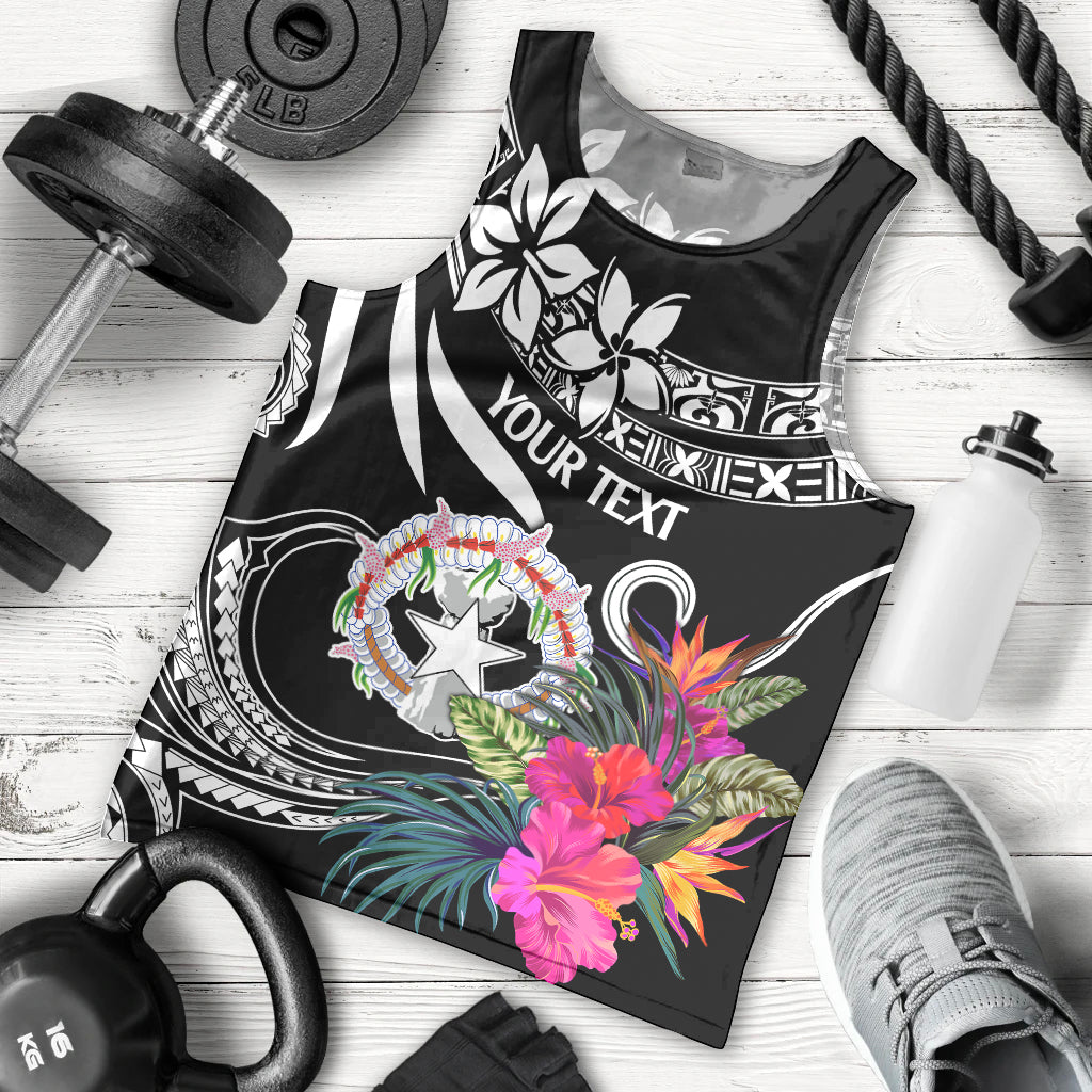 Black men's tank top with tropical flowers, star badge graphic, and custom text