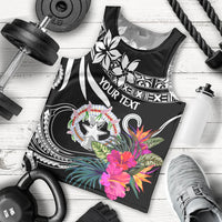 Black men's tank top with tropical flowers, star badge graphic, and custom text