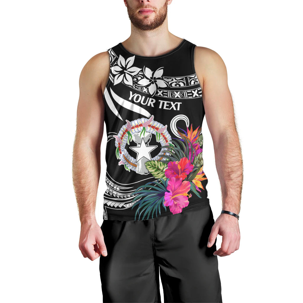 Black men's tank top with tropical flowers, wreath star badge, and custom text