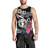 Black men's tank top with tropical flowers, wreath star badge, and custom text