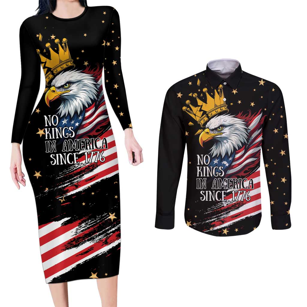 No Kings In America Since 1776 Couples Matching Long Sleeve Bodycon Dress and Long Sleeve Button Shirt We The People USA Flag - Wonder Print Shop
