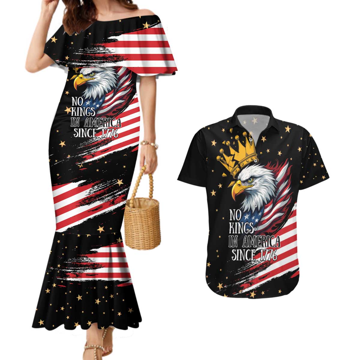 No Kings In America Since 1776 Couples Matching Mermaid Dress and Hawaiian Shirt We The People USA Flag - Wonder Print Shop