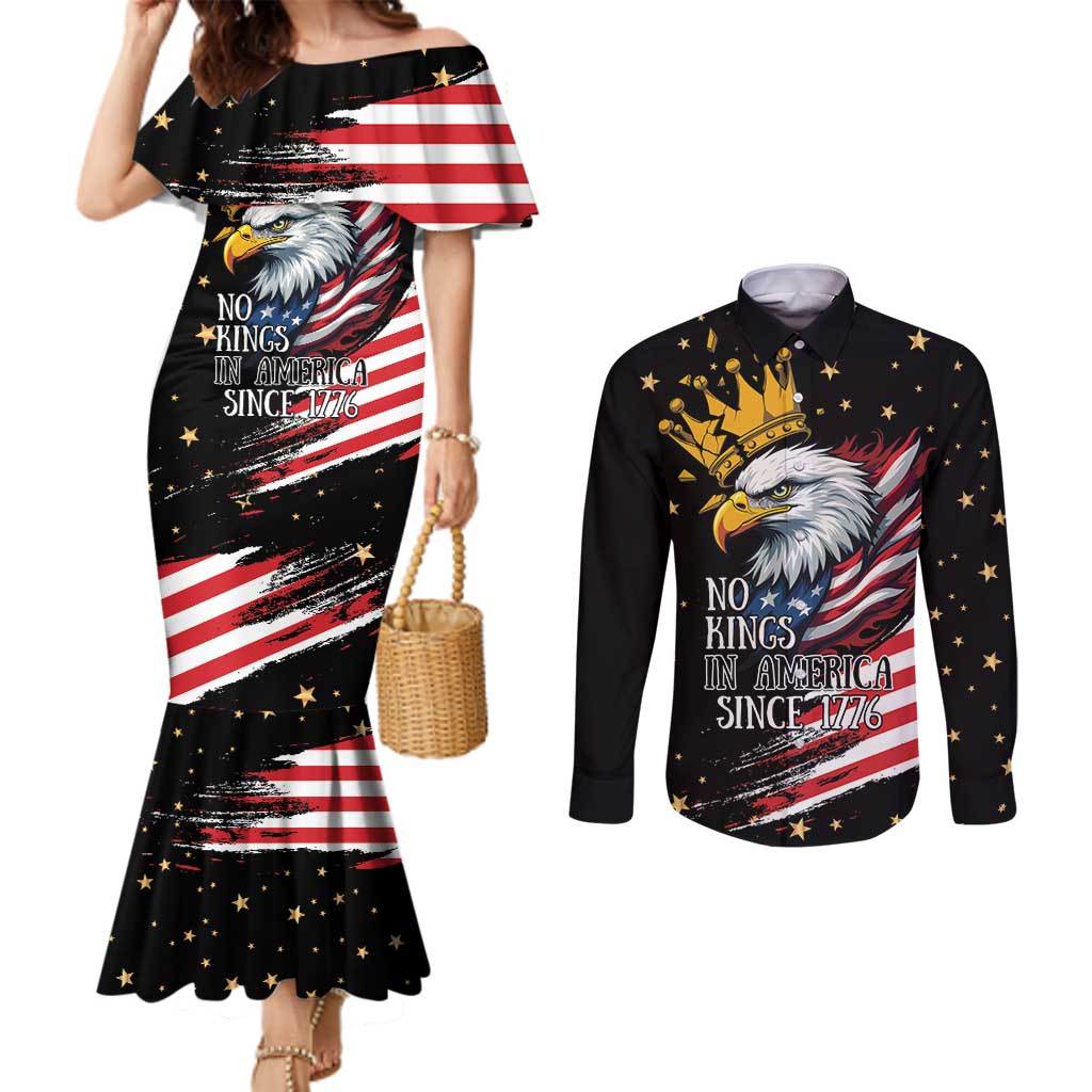 No Kings In America Since 1776 Couples Matching Mermaid Dress and Long Sleeve Button Shirt We The People USA Flag - Wonder Print Shop