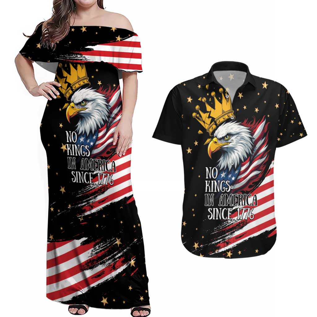 No Kings In America Since 1776 Couples Matching Off Shoulder Maxi Dress and Hawaiian Shirt We The People USA Flag - Wonder Print Shop