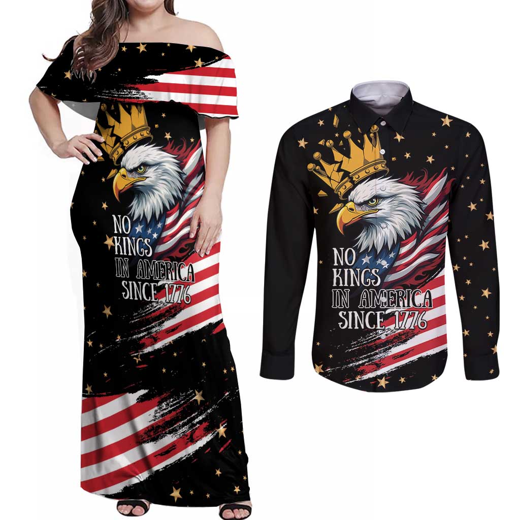 No Kings In America Since 1776 Couples Matching Off Shoulder Maxi Dress and Long Sleeve Button Shirt We The People USA Flag - Wonder Print Shop