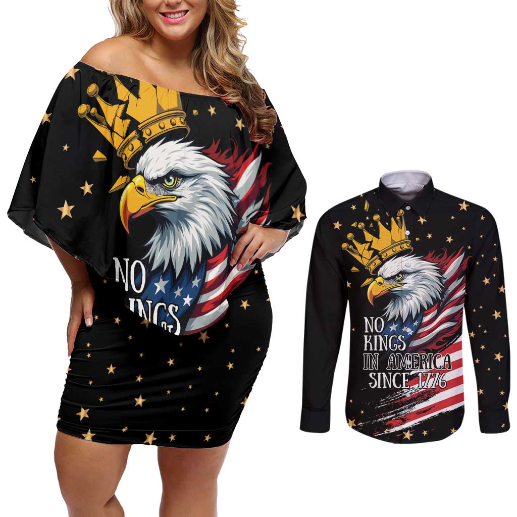 No Kings In America Since 1776 Couples Matching Off Shoulder Short Dress and Long Sleeve Button Shirt We The People USA Flag - Wonder Print Shop