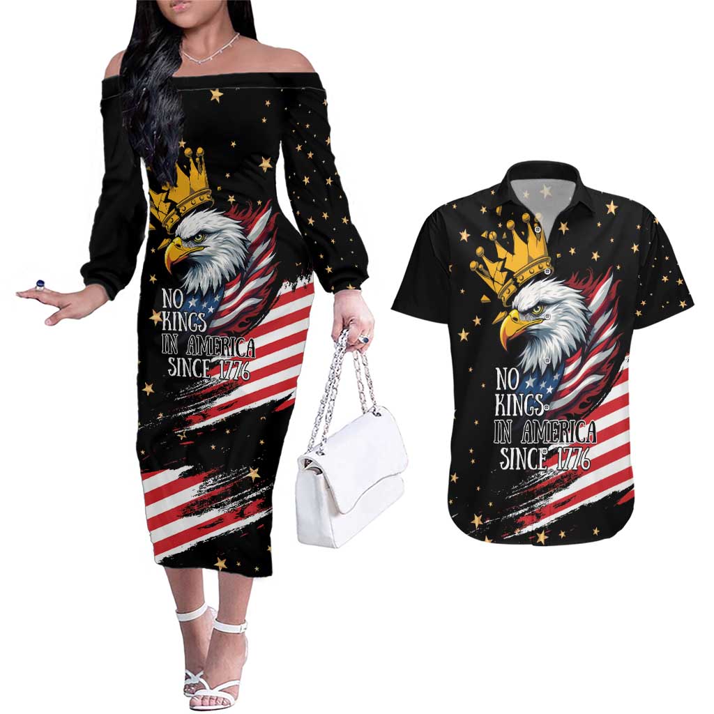 No Kings In America Since 1776 Couples Matching Off The Shoulder Long Sleeve Dress and Hawaiian Shirt We The People USA Flag - Wonder Print Shop