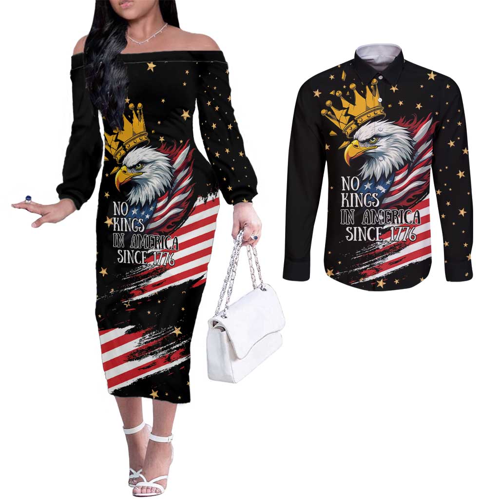 No Kings In America Since 1776 Couples Matching Off The Shoulder Long Sleeve Dress and Long Sleeve Button Shirt We The People USA Flag - Wonder Print Shop