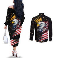 No Kings In America Since 1776 Couples Matching Off The Shoulder Long Sleeve Dress and Long Sleeve Button Shirt We The People USA Flag - Wonder Print Shop