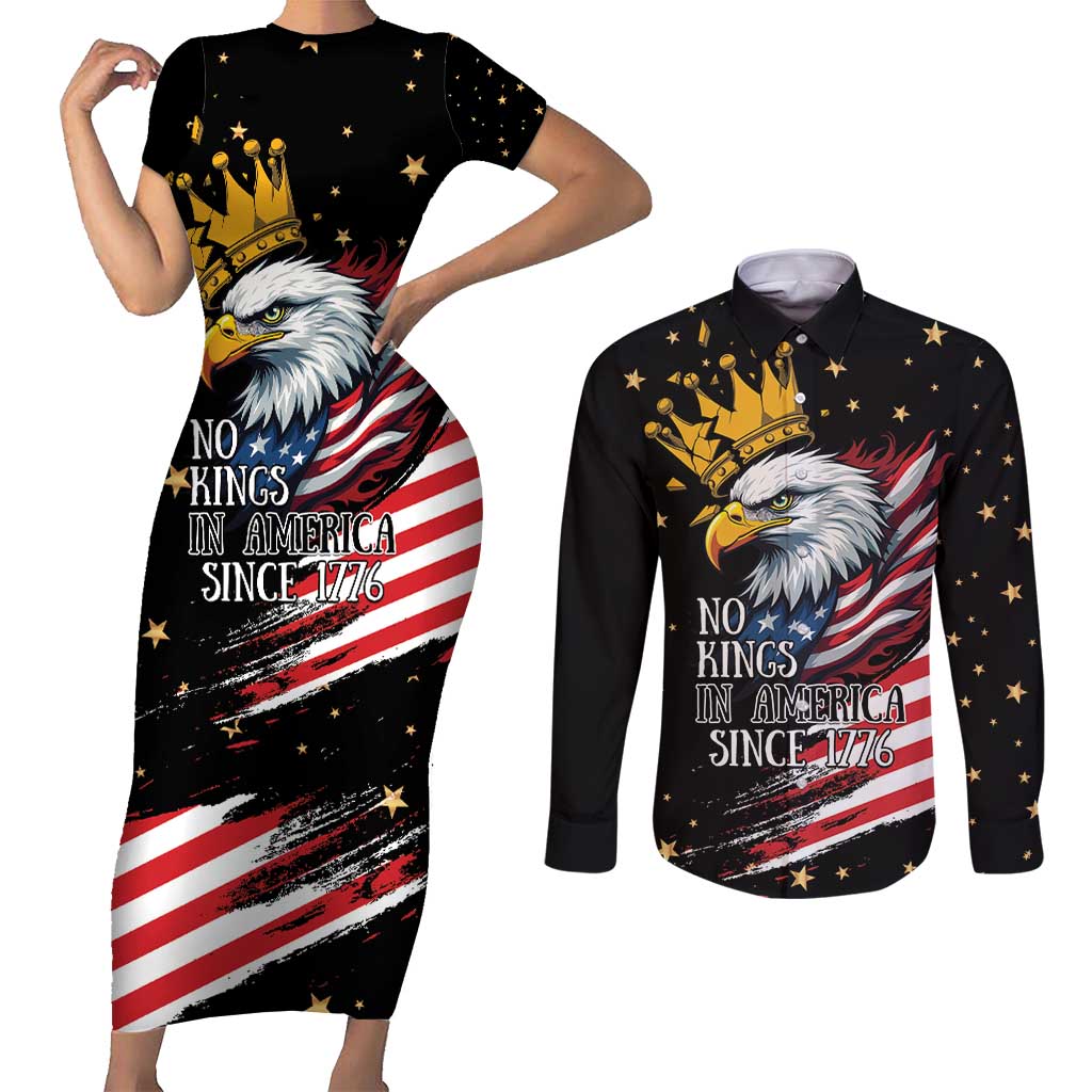 No Kings In America Since 1776 Couples Matching Short Sleeve Bodycon Dress and Long Sleeve Button Shirt We The People USA Flag - Wonder Print Shop
