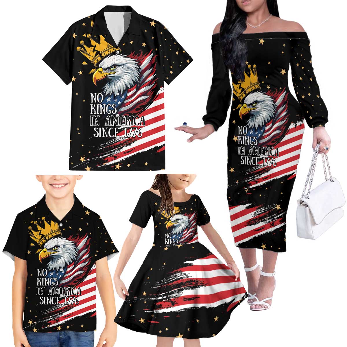 No Kings In America Since 1776 Family Matching Off The Shoulder Long Sleeve Dress and Hawaiian Shirt We The People USA Flag - Wonder Print Shop