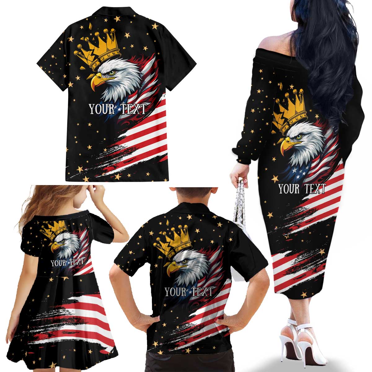 No Kings In America Since 1776 Family Matching Off The Shoulder Long Sleeve Dress and Hawaiian Shirt We The People USA Flag - Wonder Print Shop